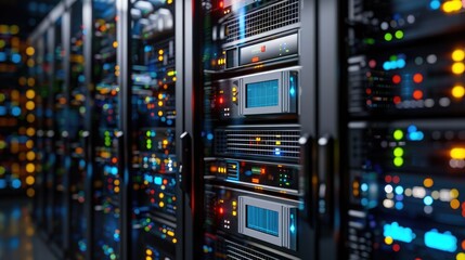 Close-up of server racks with colorful lights in a modern data center, showcasing powerful technology and advanced computing systems.