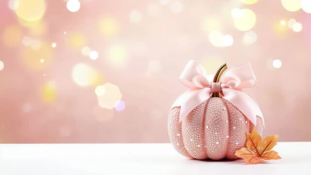 Cute pink little pumpkin with ribbon bow for little girl on light background with shining lights and bokeh. Idea for DIY craft pumpkin decor for Halloween. Trick or Treat. Peach fuzz color. 