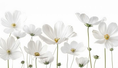 Naklejka premium A beautiful bouquet of white cosmos flowers arranged gracefully on a clean background, showing delicate petals and a peaceful, soft-focus look.