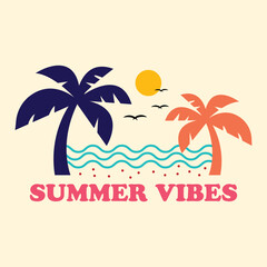 Naklejka premium Summer Vibes logo waves and palm, beach hand sketch graphic print design for t-shirt prints, stickers, poster backgrounds, beach trendy banners.