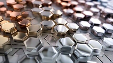 Fototapeta premium 3D background with hexagons in various materials like glass, metal, and stone