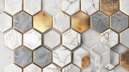 Fototapeta premium 3D background with hexagons in various materials like glass, metal, and stone
