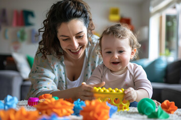 Fototapeta premium Parent and child engaging in creative play with colorful toys, fostering imagination and bonding time