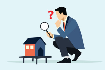 financial plan concept, business man using magnifying glass , dilemma evaluate investment , house - home , loan debt. minimal flat vector illustration 