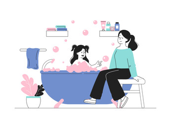 Mother bathing daughter. Woman with little girl in bathroom in soap. Cleanliness and hygiene. Mom wash infant girl. Cute baby in bath. Linear vector illustration