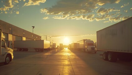 Trucks at a busy loading dock during sunset with warm light and lots of activity.

