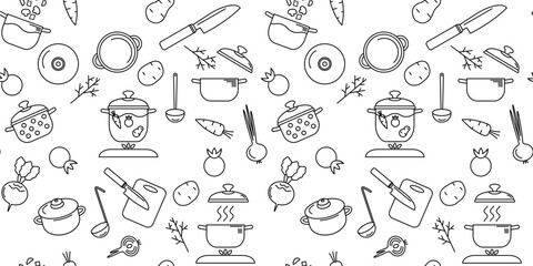Background. Seamless pattern on a transparent background. Kitchen, dishes, pan, cooking, vegetables - tomatoes, potatoes, carrots, mushrooms, etc.