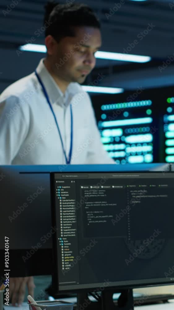 Poster vertical video management executive in data center ensuring system can handle networking tasks. cowo