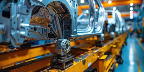 Close-up of cars on an assembly line in a factory, showcasing the manufacturing process and modern automotive industry.