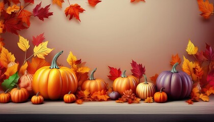 Colorful pumpkins and autumn leaves on wooden table
