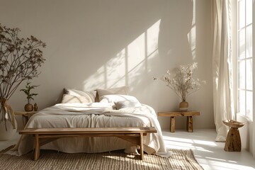 Cozy Modern Bedroom with Wooden Bed, White Walls, and Soft Lighting

