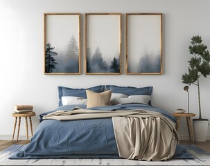 Cozy Bedroom with Blue Mountain Art Prints