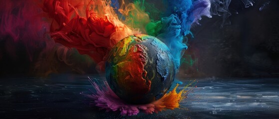 Vibrant Explosion of Colors Surrounding a Globe in a Dark Artistic Setting