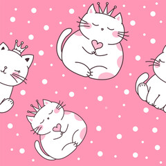 Seamless Pattern of Cute Cat Queen Wearing Crown with Snow Polka Dots Decoration on Pink Background