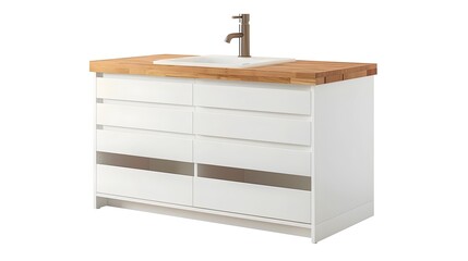 Scandinavian Style Vanity with Teak Wood and White Shelves on Bright Background