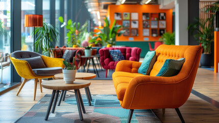 Naklejka premium Bright, modern lounge featuring colorful and stylish furniture, creating a lively and welcoming atmosphere in a contemporary space.