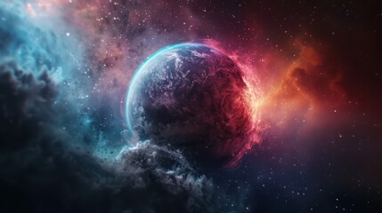 Naklejka premium Stunning Cosmic Scene of a Vibrant Planet Surrounded by Colorful Nebulae and Stars in Deep Space