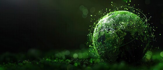 Digital Green Earth with Glowing Network Connections on Dark Background Representing Global Technology and Environmental Sustainability