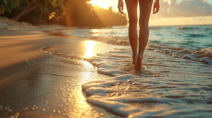 woman walks barefoot on the beach during sunset, her back view capturing the serene and tranquil moment as the golden hues of the sky reflect on the water