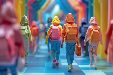 Origami Paper Town with Students Walking Through School Hallways


