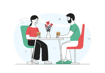 People at coffee break. Man and woman sitting in cafe or restaurant with coffee. Romantic meeting. Colleagues communicate and discuss work projects. Linear vector illustration