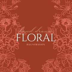 Elegance Red Orange Hand drawn mono-line floral botanical flower background design
