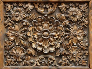 Intricate floral carving on a wooden panel, showcasing traditional craftsmanship.