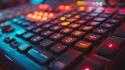 Detailed view of illuminated buttons on a DJ controller with colorful lights and blurred background.