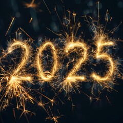 2025 Written in Gold Sparkler Firework Text on Black Background

