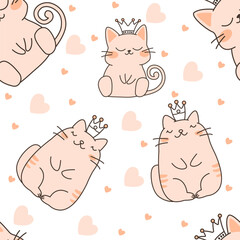 Seamless Pattern of Cute Brown Cat Queen Wearing Crown with Love Decoration