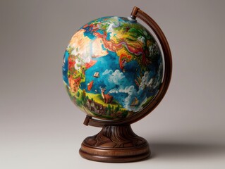 Hand-Painted Decorative Globe with Wooden Base Featuring Colorful World Map and Illustrations