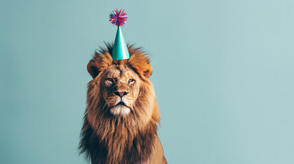 lion wearing party hat celebrating a birthday over a plain background