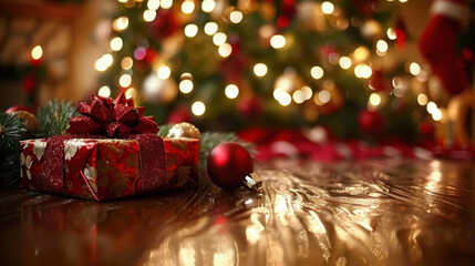Red and gold wrapped Christmas gift box with a bow, placed on a wooden table, with a decorated Christmas tree in the background.