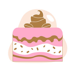 Pink chocolate cake. Dessert and delicacy. Cake in glaze with springles. Bakery and sweet products, confectionery. Poster or banner. Linear vector illustration