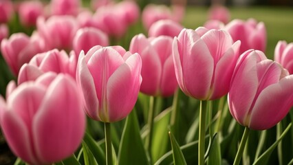 Naklejka premium Blooming in a sea of pink A field of tulips in full bloom