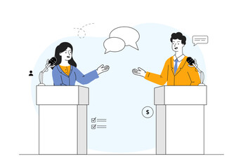 Political debate concept. Man and woman stand behind stands with microphone. Orators at public speaking. People with preelection campaign. Linear vector illustration