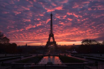Obraz premium Silhouette of the Eiffel Tower against a vibrant sunset, highlighting the iconic Paris landmark and its romantic appeal.