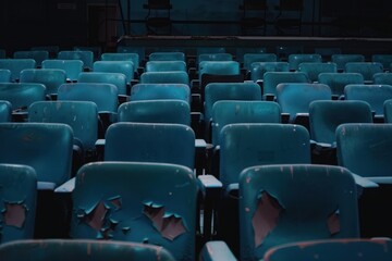 Fototapeta premium Rows of worn-out blue theater seats in an empty auditorium, illuminated by dim lighting, suggesting an abandoned or nostalgic atmosphere.
