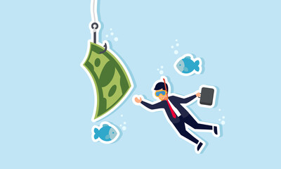 Investment risks or money traps: business fraud, cheating, financial pitfalls, and mistakes, concept of A businessman dives into the business ocean, taking the bait of a hook with a dollar bill