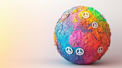 Colorful globe with peace symbols, representing global unity and harmony. Bright and artistic concept, ideal for peace and equality themes.