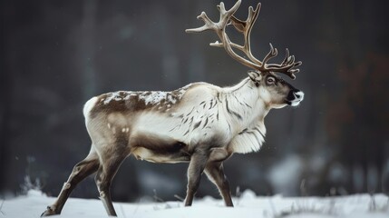 reindeer with large antlers walking through a snowy forest in the snow