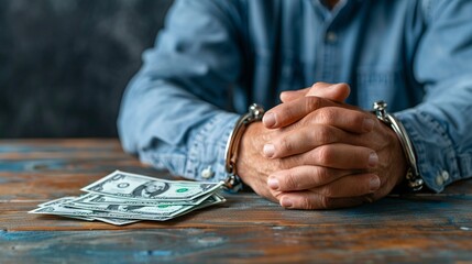 Obraz premium Handcuffed Man With Money on Wooden Table.