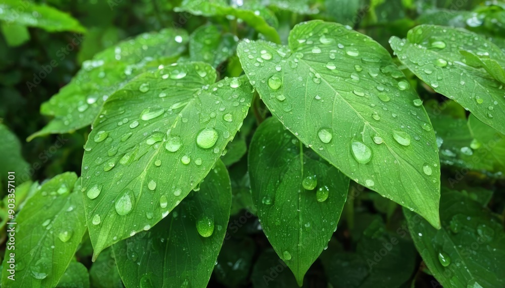 Poster  Raindrops on leaves a sign of freshness and renewal