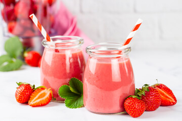 Strawberry smoothie or milkshake drink.
