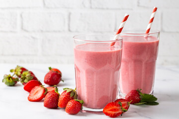 Strawberry smoothie or milkshake drink.