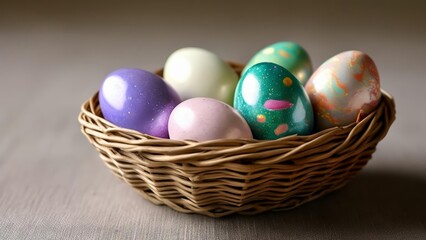 Fototapeta premium Colorful Easter eggs in a woven basket