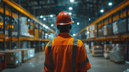 A warehouse worker wearing an orange uniform and hard hat is facing shelves in a large, illuminated warehouse.