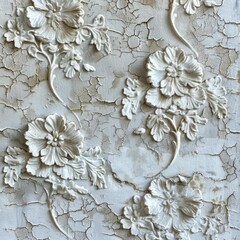 White floral relief pattern on cracked beige background