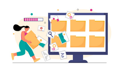 Woman with folders with files. Young girl near computer monitor. Electronic storage and archive with documents. Catalog and directory. Flat vector illustration