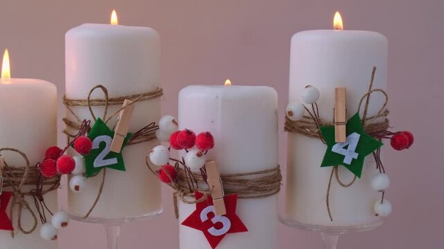 Traditional four advent weeks calendar before Christmas holidays. Candles and plastic free zero waste sustainable decoration. Copy space greeting card mock up template. Winter cozy home time